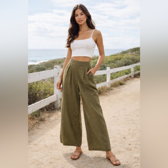 Abercrombie & Fitch Pants - Abercrombie Linen Blend Pleated Wide Leg Pants Size M Green Neutral Minimal Work